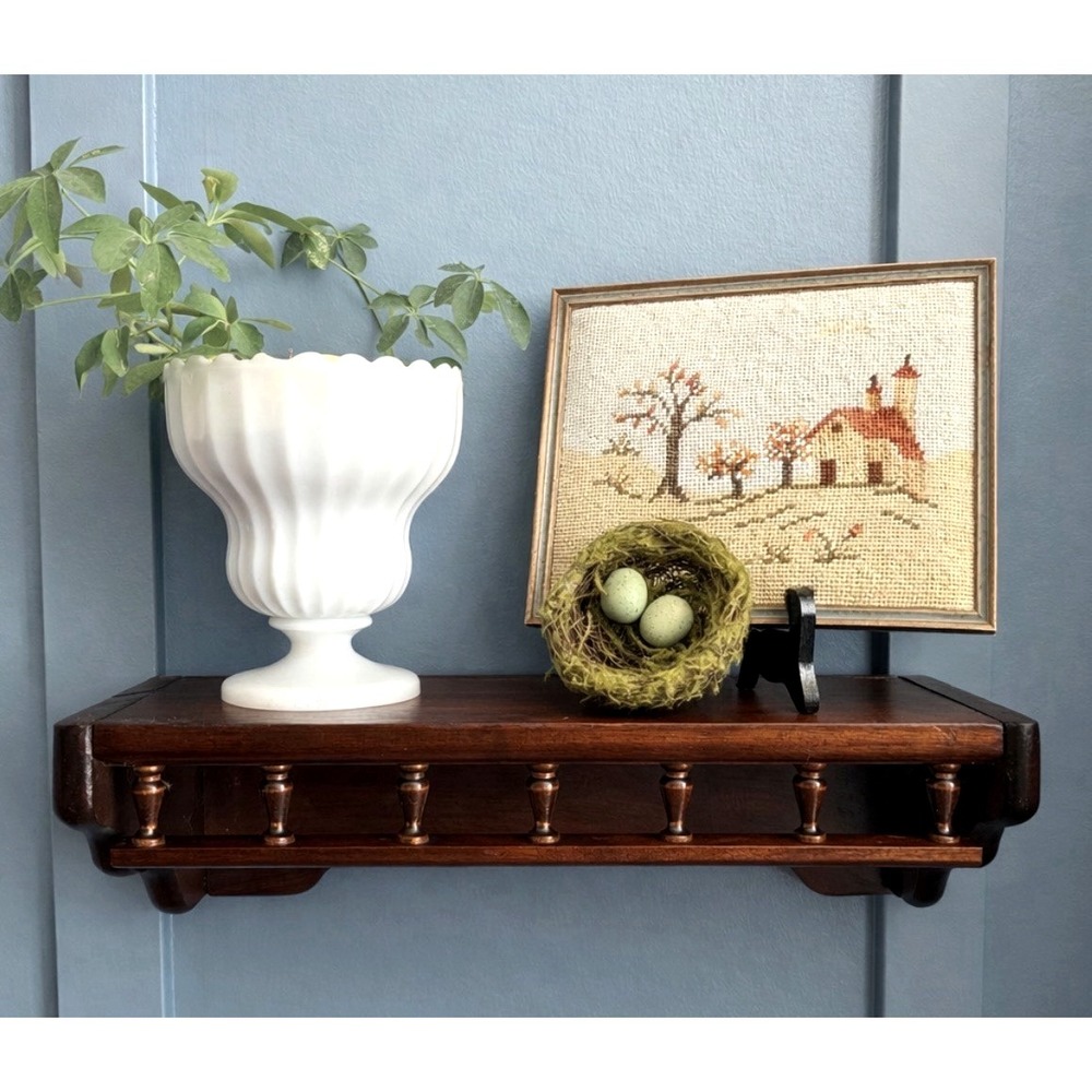 Vintage Wood Wall Shelf 17" Plate Rack‎ Spindle Spice Organizer Cookbook Stand